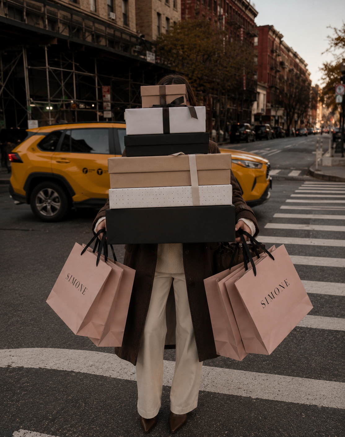 SIMONE concierge carrying rose shopping bags and fashion boxes in the city